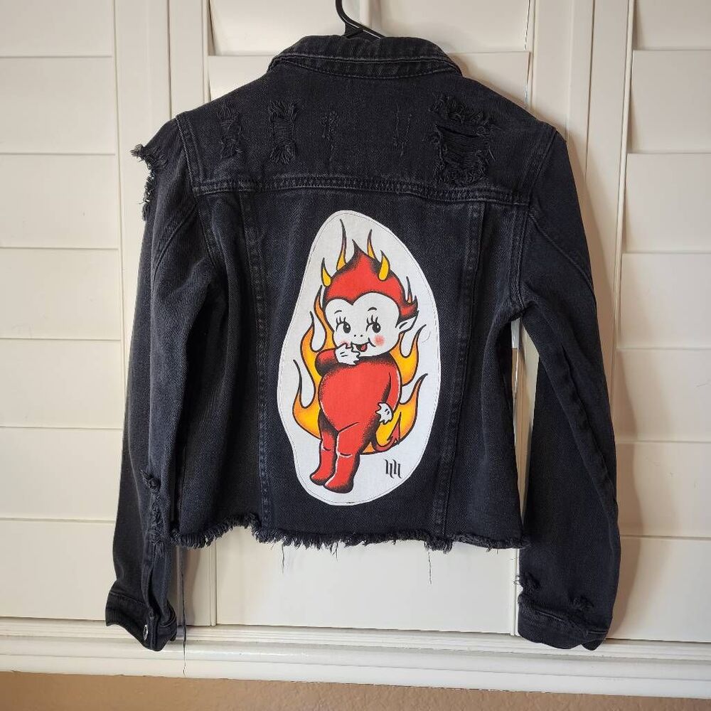 Black Distressed Denim Jacket Upcycle With Devil Patch Size XS